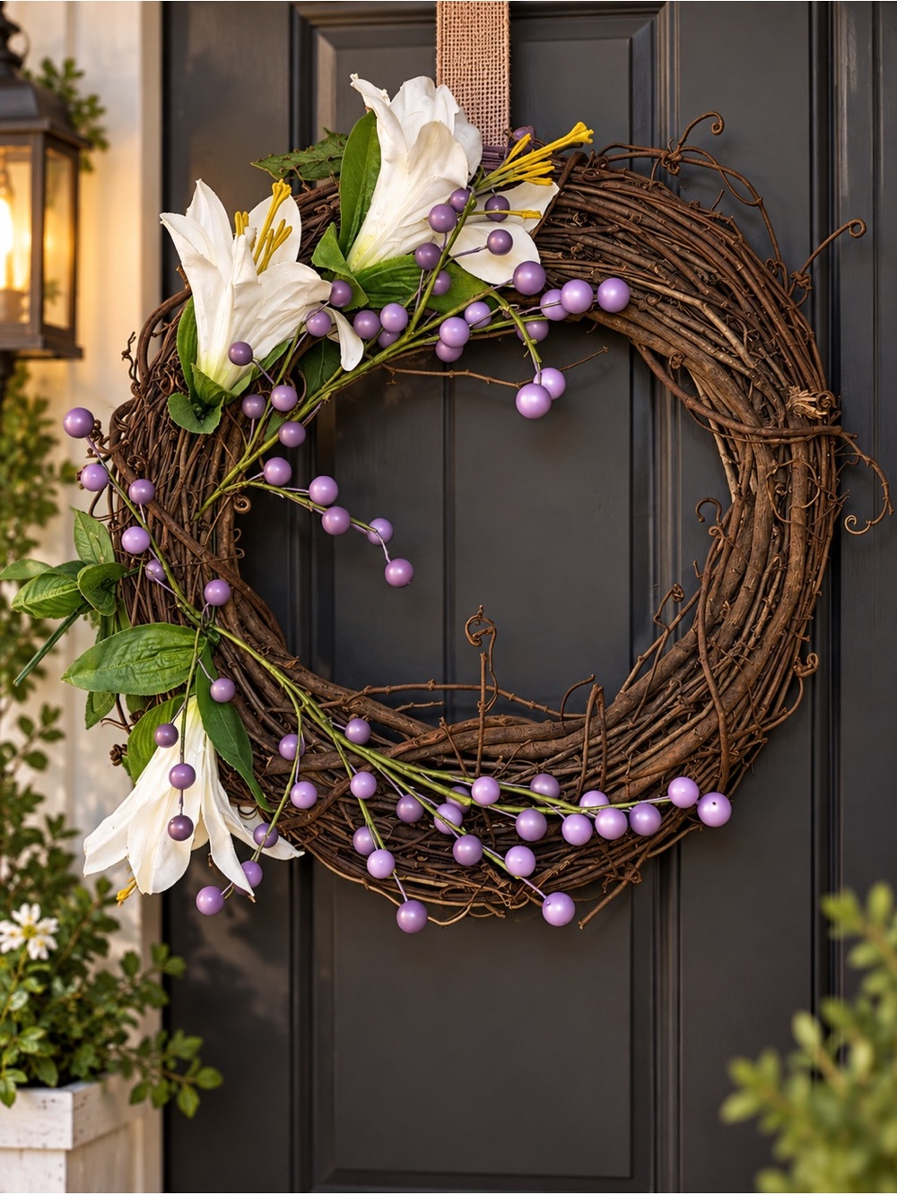 White Lily and Purple Berry Grapevine Wreath - Home Holiday Decor